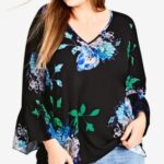City Chic Womens Plus Floral Print Bell Sleeves Blouse Black L ( size 20 )