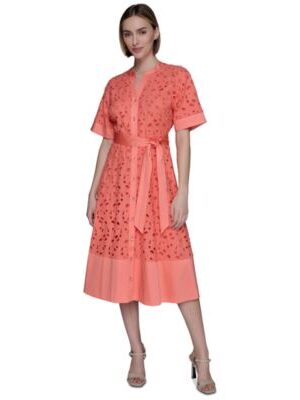 Petite Cotton Button-Front Eyelet Dress