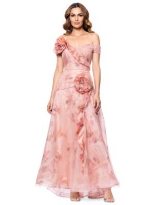 Off-the-shoulder style floral-print organza