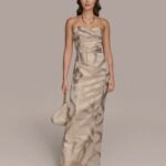 Pleated Metallic Strapless Gown