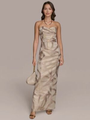 Pleated Metallic Strapless Gown