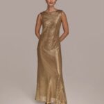 Women’s Metallic Jersey Cowl Back Column Gow