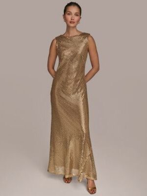 Women's Metallic Jersey Cowl Back Column Gow