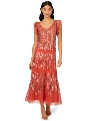Beaded Mesh Tiered Dress with intricate sparkling accents. 