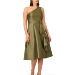 One-Shoulder Fit & Flare Midi Dress in a structured olive green Mikado fabric. 