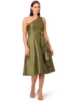 One-Shoulder Fit & Flare Midi Dress in a structured olive green Mikado fabric. 