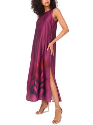 Silky dress with a dramatic floral accent print.