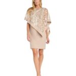 Cocktail dress with embellished sequin mesh poncho overlay.