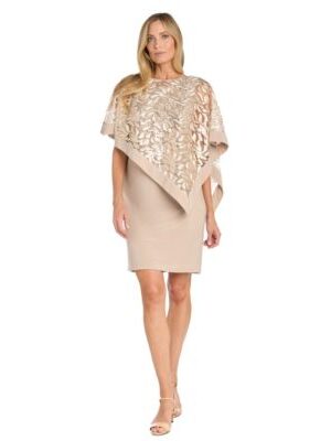 Cocktail dress with embellished sequin mesh poncho overlay.