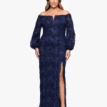 Long puff sleeves frame a tailored sheath silhouette on this romantic plus size dress