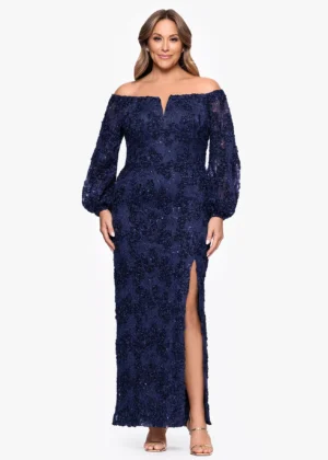 Long puff sleeves frame a tailored sheath silhouette on this romantic plus size dress