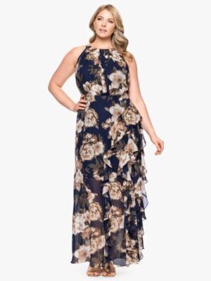 Sleeveless Chiffon dress with halter neckline in a floral print.